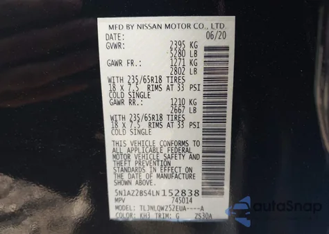 2020 Nissan Murano Sv z USA, uszkodzony, nr VIN 5N1AZ2BS4LN152838